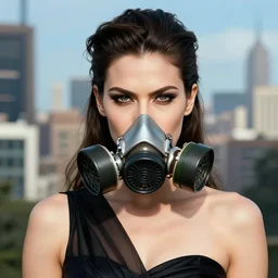 highly detailed portrait photo faceshot of a powerful female character, wearing a black dress. her face is covered in a gas in a scenic urban environment. hyperrealistic fashion illustration by boris vallejo and julie bell.