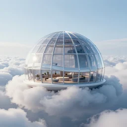 a modular dome house in a cloud, designed by zaha hadid, futuristic, in a cloud, octane render, glass, ray tracing