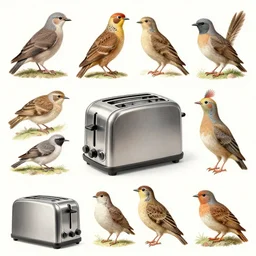 an illustrated field guide to different species of toasters showing examples of males and females of each species, biological illustrations, art by john james audubon robert stebbins and terryl whitlatch and david sibley and charles darwin, highly detailed, intricately detailed, 8 k, trending on artstation