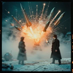 kodak portra 4 0 0, wetplate, muted colours, teal orange, 1 9 1 0 s style, motion blur, portrait photo of a backdrop, explosions, rockets, bombs, sparkling, stargazer, snow, fog, steampunk, by georges melies and by britt marling