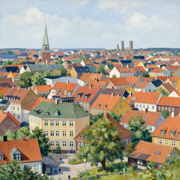 a city scape of the danish town uldum in the style of the danish artist mormor