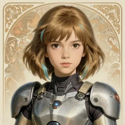 one single young mysterious girl with dark blond wavy hair with side swept bangs and a light blue stroke of hair, perfectly proportioned face, brown eyes, strong square jawline, natural lighting, path traced, highly detailed, high quality, cartoon, digital painting, by new haicheng and studio ghibli and alphonse mucha wearing an alien mechanical cyborg space armor designed by h. r. giger and neill blomkamp