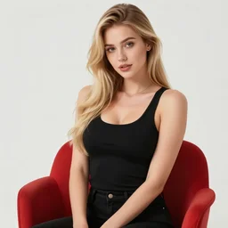 sexy girl with long blonde hair, wearing a sexy tanktop, sitting in a chair, red and black color palette, in the style of and ilya kuvshinov and greg rutkowski, high quality anime artstyle, intricate