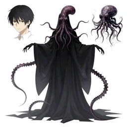 an anime art piece by yuji ikehata and satoshi kon, of concept designs for an ethereal ghostly wraith like figure with a squid like parasite latched onto its head and long tentacle arms that flow lazily but gracefully at its sides like a cloak, for resident evil village video game, with inspiration from bloodborne and the demogorgon from stranger things on netflix