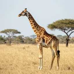 a full picture of a whole one giraffe with a short neck in savana