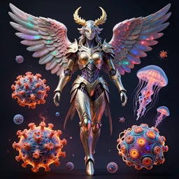 intricate armored angel, eagle coral, jelly fish, mandelbulb 3 d, fractal flame, octane render, cyborg, biomechanical, futuristic, vibrant colors, psychedelic, by ernst haeckel