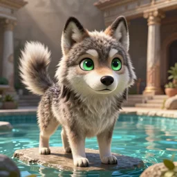 A photorealistic special effects scene from a CGI sci-fi film showing a lifelike cute buff wolfgirl(with long hair and cute big green eyes, tail raised, concerned expression, very fluffy and furry) standing in a pool in Ancient Rome, detailed hands, with photorealistic lighting.
