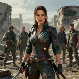 fallout 5, charismatic beautiful rugged young kate beckinsale with katana, portrait, outdoors ruined cityscape, atmospheric lighting, painted, intricate, volumetric lighting, beautiful, daytime, sunny weather, slight overcast, sharp focus, deep colours, ultra detailed, by leesha hannigan, ross tran, thierry doizon, kai carpenter, ignacio fernandez rios