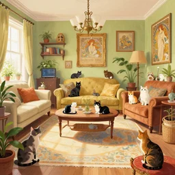 a beatiful living room with cats, extremely detailed, sharp focus, wide view, smooth, digital illustration, colorfull, by james jean, by rossdraws, frank franzzeta, sakimichan, mcbess, aphonse mucha