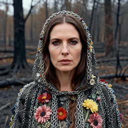 closeup portrait of a woman wearing a cloak made of chains and flowers in a charred, burnt forest, by Annie Leibovitz and Steve McCurry, natural light, detailed face, CANON Eos C300, ƒ1.8, 35mm, 8K, medium-format print