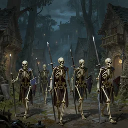 a group of skeletons with swords and shields walking in a forest village street at night, dmd, concept art, fantasy art, detailed