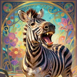 portrait laughing happy zebra. background in the style of art nouveau. lively. colorful. hd.