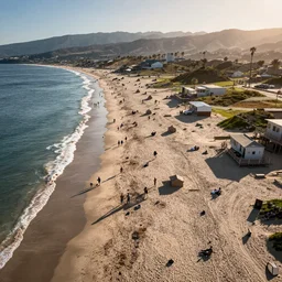 An aerial shot of a crowded Californian beach on a sunny day