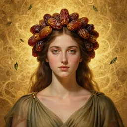 epic painting of beautiful goddess upper body in olive dress with brown hair, golden glowing high quality luxurious background, close up portrait, crown made of sweet dried dates fruits and medjool dates and dried dates, photography by amy leibowitz, medjool dates wlop, jeremy lipkin, beeple, intricate details, golden fractal background, tea leaves flying in the sky, symmetrical