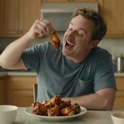 scene from a movie that looks like a drama but it's a laugh hard comedy, will ferrell becoming addicted to spicy chicken wings, shot by darren aronofsky, 4 k