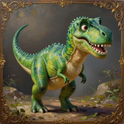 a green anthropomorphic tyrannosaurus, art by pixar, adorable and whimsical, oil on canvas, photorealism, ornate detail