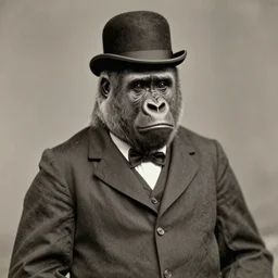 1800s photo of a gorilla wearing a suit and bowler hat