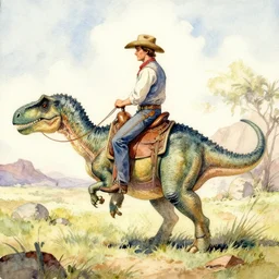 a watercolor painting of a cowboy riding a dinosaur in the style of n. c. wyeth and in the style of james gurney.