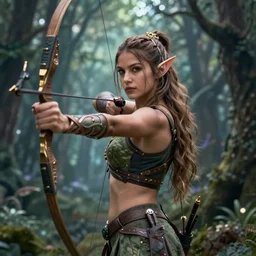 beautiful strong female elf archer portrait, magical forest background, trending on artstation, award - winning
