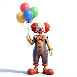 clown with balloons, detailed 3d character render, full body, standing, isolated on a pure white background, centered, whole figure in frame, sharp focus, studio lighting