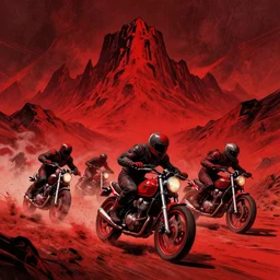 horror art, motorbikers race in hell, red peaks in the background, art by ismail inceoglu