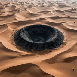 landscape photo of a round black crater in a desert surrounded by sand dunes in the shape of an iris, drone photo, medium format
