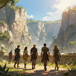 dnd adventurers walking with their backs against the wall below cliffs, sunny, fantasy art, concept art, epic, 4 k