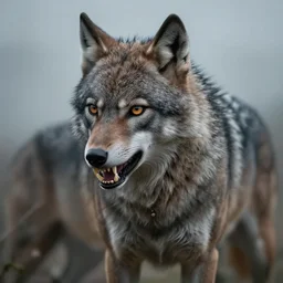 anthropomorphic female werewolf, fierce, sharp teeth