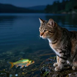cat at a lake staring at fish in clear water at night, hyperdetailed, artstation, cgsociety, 8k