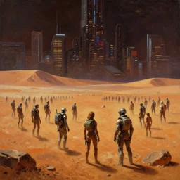 fantastic painting of a colony of people on mars. 2 1 0 0, cyberpunkcity as backdrop by greg rutkowski, de - noise, 8 k, volumetric lighting, detailed contrast
