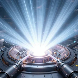 view toward to the center of a fusion reactor, huge lasers concentrate their energy at the center, scifi, futuristic, raytracing, dreamy, sharp focus, cinematic lighting, highly detailed, artstation, divine, by gauthier leblanc, kazuya takahashi, huifeng huang