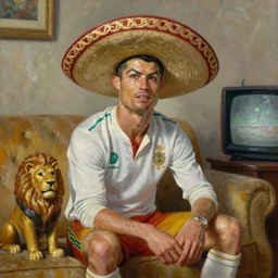 portrait of cristiano ronaldo wearing a sombrero on his head, sitted on the couch with a lionel mess figurine, watching television, oil on canvas by william sidney mount,