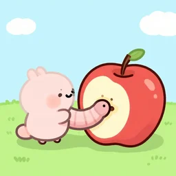 an earthworm eating its way through an apple, cute, cartoon drawing