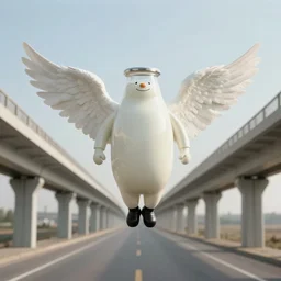 milkman with angelic wings flying under an endless bridge, cinematic lighting, establishing shot, photo realistic, 4 k