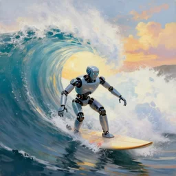 an android robot surfing. epic oil painting. large cresting wave. tubular wave. sunlight. white cap. sunset clouds. concept art. robot surfer. close up of a surfing robot.