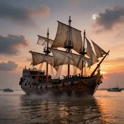 shipwrecked spanish galleon, mast and tattered sails, sinking in the mekong delta, sunset, clouds, moonlight, wrecked sunken pirate ship in river, tall mast, shipwrecks, deconstructed ship, pirate symbol, ghost ship, vietnamese fishing boats, cinematic lighting, hyper realistic, mist, octane render, 8 k volumetric, hyper detailed, ripples, reflections