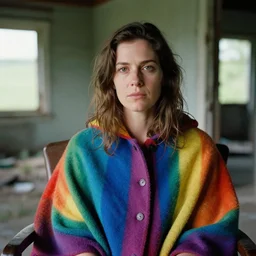 closeup portrait of a woman with a cloak made of rainbows, sitting in a chair in an abandoned house, by Annie Leibovitz and Steve McCurry, natural light, detailed face, CANON Eos C300, ƒ1.8, 35mm, 8K, medium-format print