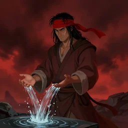 fantasy character illustration of a robed man wearing a red headband hadoukening water from both hands during a dark red storm, trending on artstation, digital art ( by jesper ejsing ) ( by clint cearley ) ( by raluca marinescu )