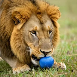 a lion eating a blue apple