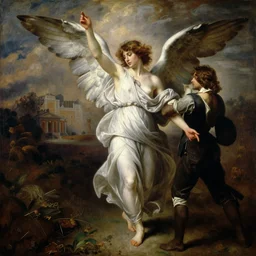 a painting of the angel Elubatel moving as you move by gustav moreau, jean delville and  Gaston Bussiere