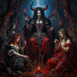 baroque oil painting of a satanic ritual!!! different realm, cinematic, dark fantasy, acrylic palette knife, high detail, hyper realism, 4 k, 8 k, full hd, neon, realistic painting by junji ito and michael whelan