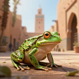 frog travels through marrakech, volumetric light, detailed, establishing shot, an epic fantasy, cinematic, photorealistic, ultrarealistic, trending on art station, octane render