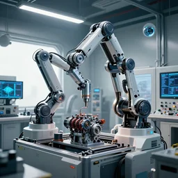 cyberpunk 2 0 7 7, a complex thick bifurcated robotic cnc surgical arm cybernetic symbiosis hybrid mri 3 d printer machine making v 8 engine motors in a bio chemical lab, control panels, 4 k, large monitor screens, knobs, natural light in room, drone camera lens orbs, octane render, architectural, f 2 8,