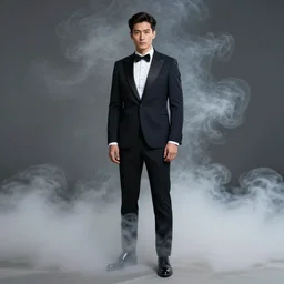Man wearing classy tuxedo inside cloud of smoke, full body shot, Canon EOS R3, details, f/1.4, ISO 200, 1/160s, 8K, RAW, unedited