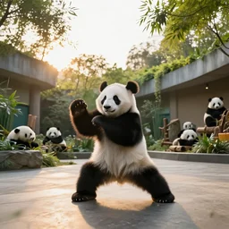 full body shot of an adorable panda cub practicing t'ai chi at the chengdu panda base exhibit, national geographic style, wide angle lens, golden hour