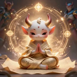 a tiny adorable demon meditating, wrapped in sacred parchment with glowing text, smooth, intricate, elegant, digital painting, artstation, power runes, pulsing energy, concept art, sharp focus, octane render, illustration, art by takato yamamoto, overwatch character,