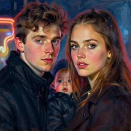 winter, young colin farrell and jessica alba woman, with a kid, neon light, detailed faces, painting by gaston bussiere, craig mullins, j. c. leyendecker