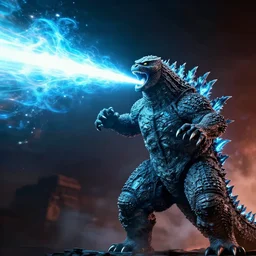godzilla firing a bright, glowing, blue atomic beam from his mouth and attacking batman
