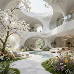 highly detailed villa garden natural beautiful light interior soft cinematic composition of a biophilic concrete nebula fluid white magnolias surreal scifi architecture colorful romantic minimalist landscape, furniture, trees, grass, bed of flowers, water, marble, vincent callebaut composition, 8 k, unreal engine, hdr