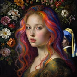 a closeup portrait of one beautiful kpop goddess with swirling vivid coloured hair and a wall full of flowers in the background, painted by botticelli, rachel ruysch, vermeer and ambrosius bosschaert, hyperrealism, dark, dramatic lighting, swirly paint, analogous complementary colour scheme, trending in artstation, octane, rendered